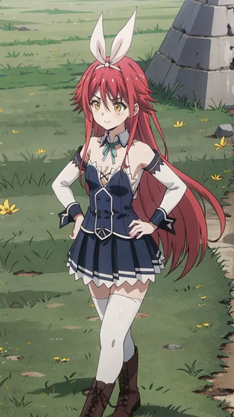 (masterpiece:1.1),(top quality:1.1),(the best quality:1.1),(official art:1.1),(beautiful and aesthetic:1.2),highly detailed face,animification,(extremely detailed:1.1),(highres:1.1),(highest detailed:1.1),(8k:1.1),(absurdres:1.1),(cg:1.1),happy,light particles,full body,walking,detached sleeves,(flat chest:1.1),narrow waist,<lora:Sylphy:1>,pikkysylphy,1girl,red hair,long hair,thighhighs,solo,grass,breasts,hand on hip,boots,white thighhighs,skirt,ribbon,cleavage,wrist cuffs,zettai ryouiki,yellow eyes,groin,
