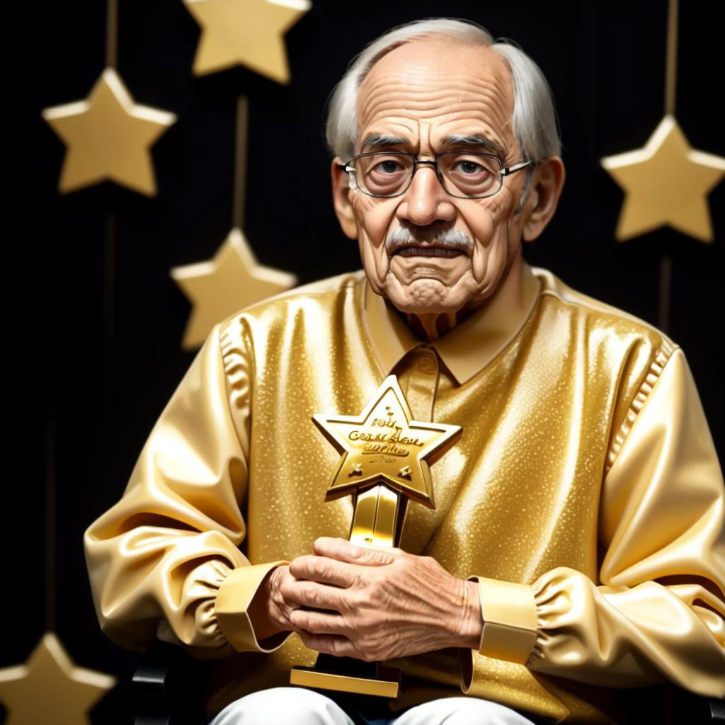 <lora:Trophy_presentation_ceremony_v1:0.5>, old man, long sleeves, holding, gold, (star award:1), realistic