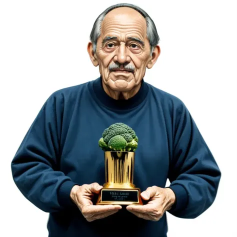 <lora:Trophy_presentation_ceremony_v1:0.5>, old man, long sleeves, holding, gold, (broccoli award:1), realistic