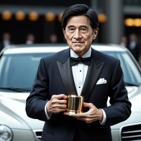 <lora:Trophy_presentation_ceremony_v1:0.5>, old man, long sleeves, holding car award cup, realistic, tuxedo