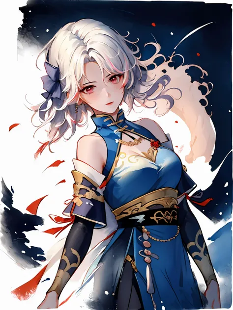1girl, solo, dress, breasts, multicolored hair, streaked hair, sash, detached sleeves, blue dress, white hair, bare shoulders, red eyes, looking at viewer, cleavage cutout, medium breasts, clothing cutout, cowboy shot, jewelry, closed mouth, cleavage, tassel, chinese clothes, sleeveless, bangs, earrings, sleeveless dress, hair bow, china dress, long hair, parted bangs, pink hair, wavy hair, bow, hair ornament, floating hair
