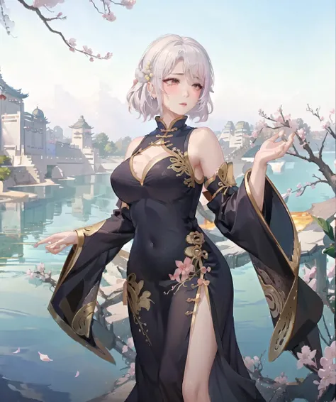 masterpiece, best quality, (extremely detailed CG unity 8k wallpaper, masterpiece, best quality, ultra-detailed, best shadow), (detailed background), (beautiful detailed face, beautiful detailed eyes), (best illumination, an extremely delicate and beautiful), ((caustic)),\\
1girl, youen,(23yo),mature female,(solo),white short hair, detailed pink eyes,((looking away)),(eyelashes),large breasts,\\
(chinese clothes, china dress:1.5),cleavage cloth,ear decorations,chinese hair ornament,pond,beautiful detailed water,\\
NSFW,bottomless, ((sexy pose)),(lying in water),wet clothes,wet hair,(blush:1.2),messy hair, water drop,(heavy breathing, )\\
beautifully detailed background,day, chinese buildings, flower, Chinese style garden,cherry blossoms, trees, \\
depth of field,loli:0.1,(realistic:1.3), (ambient light:1.3),(HDR:1),Accent Lighting,