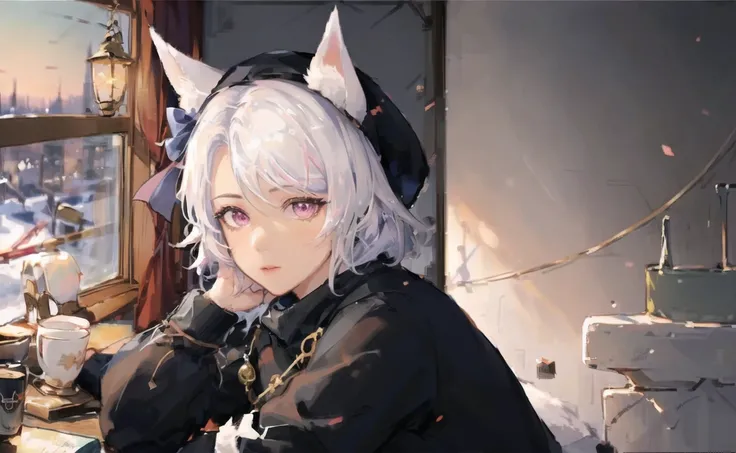 (photorealistic:1.4),realistic:1.3,(masterpiece), best quality, highest quality, extremely detailed CG unity 8k wallpaper, detailed and intricate, original,highres,finely detailed face and eyes, \\
1girl, youen,,solo,(24yo),white short hair, detailed pink eyes,blue hair bow,(eyelashes:0.8),(blush:0.5),(large breasts),\\
white sweater,winter coat,woollen cap, winter clothes, arm warmers,leg warmers,animal ears,\\
pose,dynamic angle,(close-up)\\
(HDR:1),Accent Lighting,photo_\(medium\),(blurry backround:1.5),warm light,beautiful detailed glow,(cozy style),
////((cafe)), indoors, windows, twilight, sunset,(warm light:1.2)////