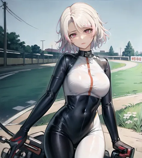 (masterpiece), best quality, highest quality, extremely detailed CG unity 8k wallpaper, detailed and intricate, original,highres, \\
1gril,youen,solo, (23yo),white short hair,(pink eyes),extremely detailed_eyes, ((biker clothes)),((motorcycle)),girl focus,large breasts,
(eyeliner:0.5),(blush:0.4),looking ahead,handsome,earnest eyes\\
dynamic pose,driving motorcycle,(racing suit:1.3),racing\\
NSFW,sexy,partially undressed,\\
beautifully detailed background,
depth of field,loli:0.1,realistic:1.3, (ambient light:1.3),(HDR:1)