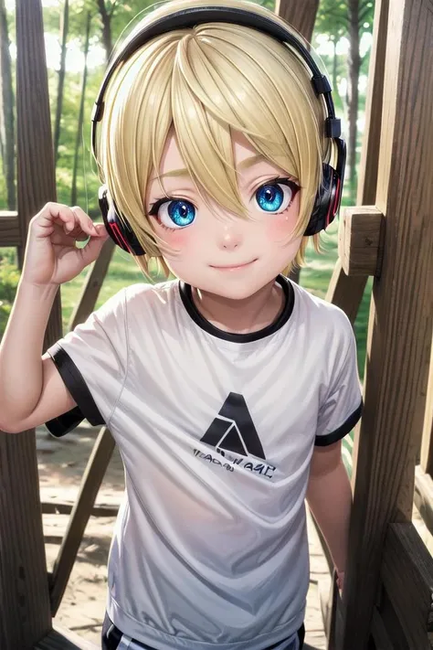 (1boy:1.4), looking at viewer, hair between eyes, highlight in eyes, male focus,
crew cut, (blonde hair), blue eyes, ((masterpiece)), blue headphones,
multiple details, sky, handsome, medium close up, (t shirt1,6), forest
beautiful eyes, delicate features, high light in eyes, smile, triangle chin,
petite, young, juvenile, detailed beautiful little boy, adorable boy, sparkling eyes,
ultra detailed eyes, ultra detailed face,
<lora:aoki_sd_v10-000011:0.5> aoki