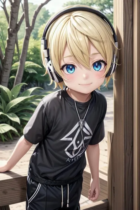 (1boy:1.4), looking at viewer, hair between eyes, highlight in eyes, male focus,
crew cut, (blonde hair), blue eyes, ((masterpiece)), blue headphones,long pants,
multiple details, sky, forest, handsome, medium close up, (t shirt:1,4),
beautiful eyes, delicate features, high light in eyes, smile, triangle chin,
petite, young, juvenile, detailed beautiful boy, adorable boy, sparkling eyes,
ultra detailed eyes, ultra detailed face,
<lora:aoki_sd_v10-000011:0.5> aoki