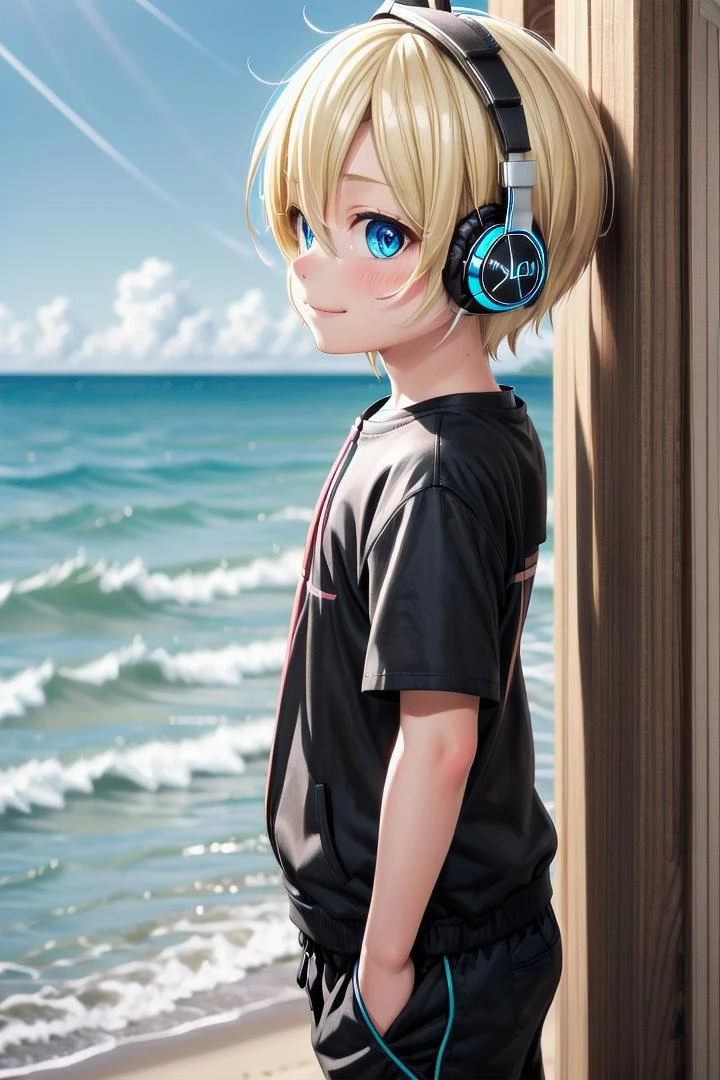 (1boy:1.4), looking at viewer, hair between eyes, highlight in eyes, male focus,
crew cut, (blonde hair), blue eyes, ((masterpiece)), (blue headphones:1.4),long pants,
multiple details, sky, beach, handsome, medium close up, (t shirt:1,4), (outside:1.4)
beautiful eyes, delicate features, high light in eyes, smile, triangle chin,
petite, young, juvenile, detailed beautiful little boy, adorable boy, sparkling eyes,
ultra detailed eyes, ultra detailed face, (side profile:1.2)
<lora:aoki_xl_v10:0.5> aoki