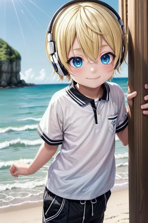 (1boy:1.4), looking at viewer, hair between eyes, highlight in eyes, male focus,
crew cut, (blonde hair), blue eyes, ((masterpiece)), blue headphones,long pants,
multiple details, sky, beach, handsome, medium close up, (polo shirt1,6),
beautiful eyes, delicate features, high light in eyes, smile, triangle chin,
petite, young, juvenile, detailed beautiful  boy, adorable boy, sparkling eyes,
ultra detailed eyes, ultra detailed face,
 <lora:aoki_sd_v10-000011:0.5> aoki