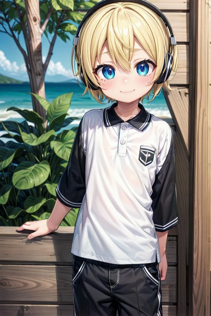 (1boy:1.4), looking at viewer, hair between eyes, highlight in eyes, male focus,
crew cut, (blonde hair), blue eyes, ((masterpiece)), blue headphones,
multiple details, sky, handsome, medium close up, forest, standing, (polo shirt:1.2)
beautiful eyes, delicate features, high light in eyes, smile, triangle chin, whole body, full shot,
ite, young, juvenile, detailed beautiful lity, adorable boy, sparkling eyes,
ultra detailed eyes, ultra detailed face,
<lora:aoki_sd_v10-000011:0.5> aoki