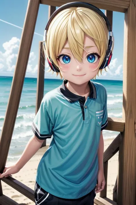 (1boy:1.4), looking at viewer, hair between eyes, highlight in eyes, male focus,
crew cut, (blonde hair), blue eyes, ((masterpiece)), blue headphones,long pants,
multiple details, sky, beach, handsome, medium close up, (polo shirt1,6),
beautiful eyes, delicate features, high light in eyes, smile, triangle chin,
petite, young, juvenile, detailed beautiful little boy, adorable boy, sparkling eyes,
ultra detailed eyes, ultra detailed face,
<lora:aoki_sd_v10-000011:0.5> aoki