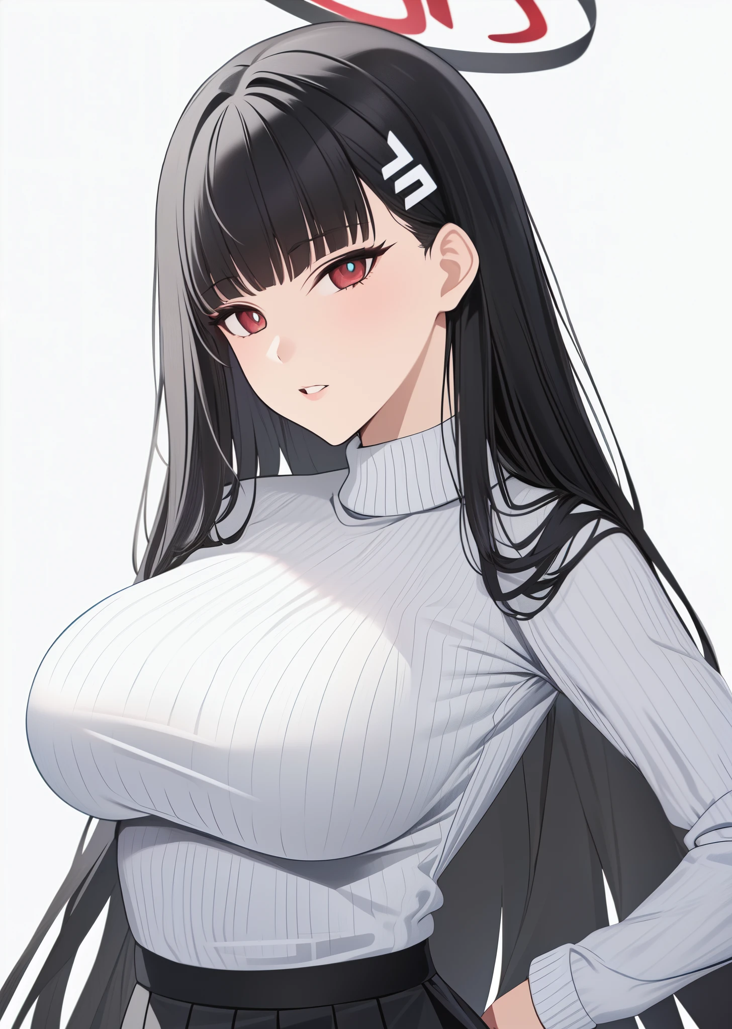 (best quality, masterpiece:1.3)),simple background,white background,cowboy shot,
rio \(blue archive\),1girl,halo,solo,hairclip,parted_lips,large_breasts,black_pantyhose,white_sweater,turtleneck_sweater,skirt,