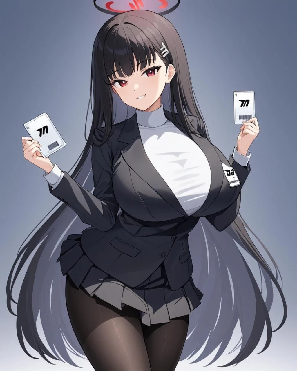 rio \(blue archive\),1girl, halo, solo, looking_at_viewer, jacket, large_breasts, high_heels, formal, suit, turtleneck, hairclip, pleated_skirt, black_pantyhose, holding, id_card, smile, black_skirt, long_sleeves
<lora:rio_(blue_archive)_image2123_2023-12-03:1>halo. gorgeous,key visual, vibrant, studio anime,award-winning, professional, highly detailed,high budget, cinemascope