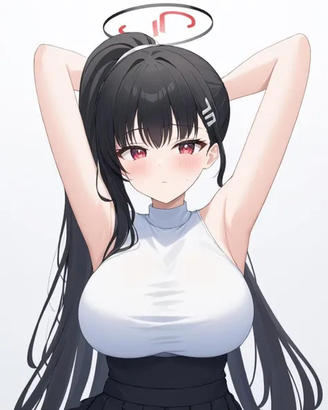 rio \(blue archive\),1girl, halo, solo, armpits, white_background, simple_background, large_breasts, black_skirt, hair_tie_in_mouth, sleeveless, looking_at_viewer, white_shirt, arms_up, blush, ponytail, pleated_skirt, hairclip
<lora:rio_(blue_archive)_image2123_2023-12-03:1>halo. gorgeous,key visual, vibrant, studio anime,award-winning, professional, highly detailed,high budget, cinemascope