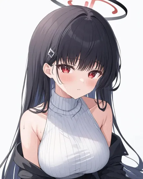 rio \(blue archive\),1girl, solo, halo, large_breasts, hairclip, blush, black_jacket, looking_at_viewer, parted_lips, black_skirt, white_sweater, sweat, simple_background, open_jacket, bare_shoulders, off_shoulder, white_background, sleeveless_sweater, upper_body, long_sleeves, turtleneck_sweater, ribbed_sweater
<lora:rio_(blue_archive)_image2123_2023-12-03:1>halo. gorgeous,key visual, vibrant, studio anime,award-winning, professional, highly detailed,high budget, cinemascope