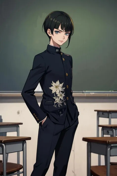 masterpiece, best quality, 1boy, smile, solo, looking at viewer, <lora:SMTVprotag_fp:1>, smtvprotag, school uniform, gakuran, floral print, pants, classroom, hands in pocket