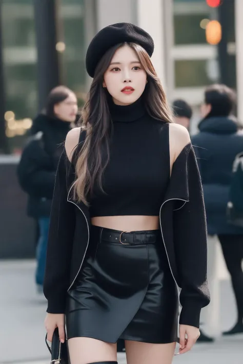 (best quality, masterpiece),<lora:lk_minav2:1>,female street style look featuring a black turtleneck, faux leather skirt, sheer black tights, ankle boots, and a beret. Include details about the skirt's hemline and mention a statement belt, cinematic 4k epic detailed 4k epic detailed photograph shot on kodak detailed bokeh cinematic hbo