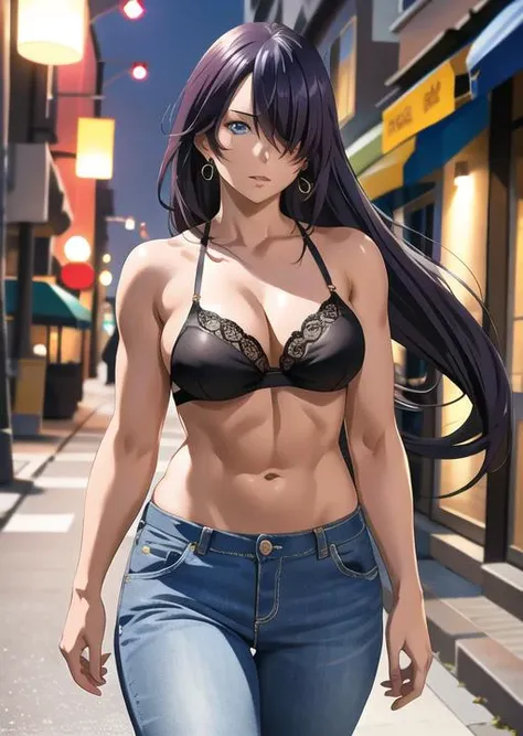 A woman with very long black hair and (very long bangs:1.5), wearing a stylish jacket and tight jeans, (low-rise jeans:1.25), (low-cut jeans:1.25), standing. The artwork is inspired by manga and incorporates a doujin style. The woman appears to be (wetting herself:1.5), which causes her to feel embarrassed and humiliated, resulting in a blush on her face. In addition, there is an air of anger in her expression. The lighting in the scene is moody, with a spotlight highlighting the woman's figure. She is crossing her arms, (arms crossed:1.5), fully showcasing her jeans., large breasts, navel, midriff, (groin:1.5), mound of venus, cleavage, diamond necklace