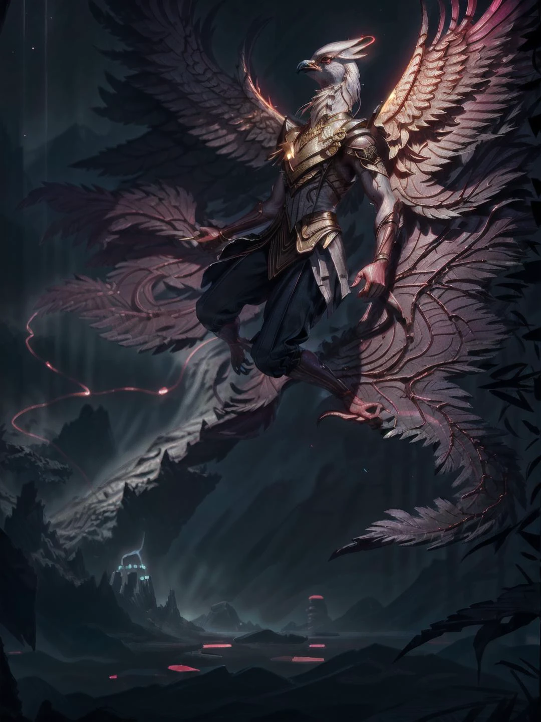 Aven an attractive Silvery Pink bird woman wearing ruffled blouse, velvet jacket, and flared trousers, Against a wall, D&D, mountain in background, HDR, [DonMF41ryW1ng5], kkw-FX-glowline, dark theme <lora:attractive:.31> <hypernet:sxzBloom_sxzBloom:.13> <lora:CosmicLandscapes:.54> <lora:detail_slider_v4:-.26> <lora:breastsizeslideroffset:-.3> <lora:LowRA:.61> <lora:Aven:1> <lora:DonMF41ryW1ng5_v1.1:.22> <lora:Dressed animals:.54>