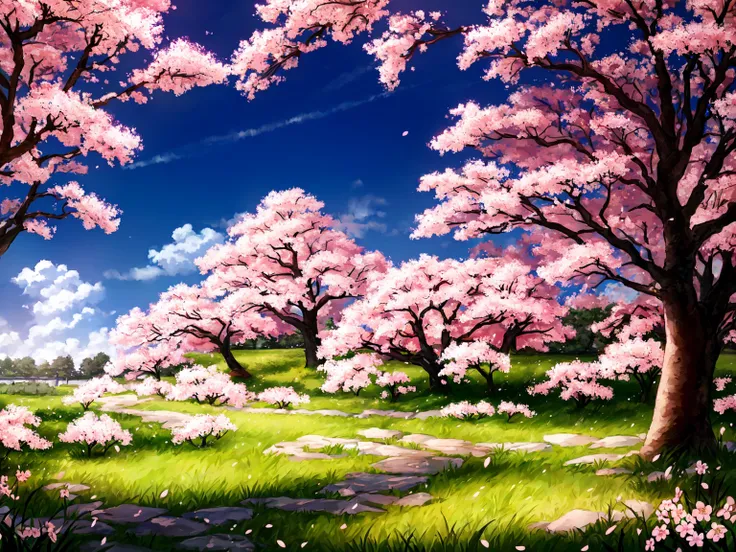 absurdres, masterpiece, highres, cinematic, full HD, 8k, intricate detail, ultra detailed, illustration, grass field, cherry blossoms, sakura