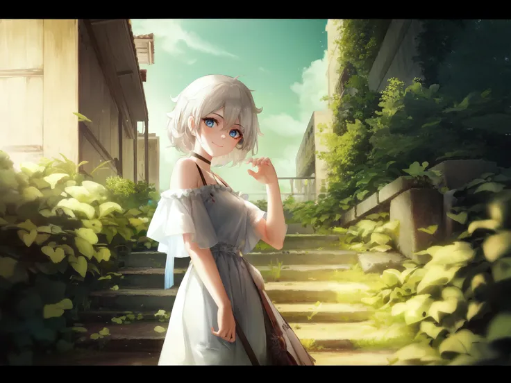 absurdres, masterpiece, highres, cinematic, full HD, 8k, intricate detail, ultra detailed, 1girl, solo, white hair, [purple eyes], outdoors, dress, white dress, looking at viewer, scenery, ruins, long hair, grass, bangs, day, overgrown, (eye focus:1.7), short hair, standing, blue eyes, hair between eyes, sunlight, long sleeves, building, sky, post-apocalypse, plant, hand up, window, short sleeves, railing, wide shot, v, closed mouth, stairs, smile, arm up, moss, sunset, (nixeu_soft:0.7), (nixeu_white:0.7)