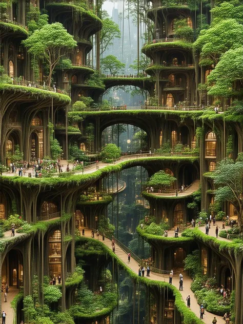 A city where buildings grow like trees. Towering skyscrapers with bark-like surfaces and glowing leaves at the top, their branches stretching out to form natural bridges between structures. The ground-level streets are covered in soft moss and flowers, while the upper levels bloom with bioluminescent plants. People walk along organic pathways that twist and grow like vines, the entire city alive and breathing. A harmonious blend of architecture and nature, futuristic yet organic.
