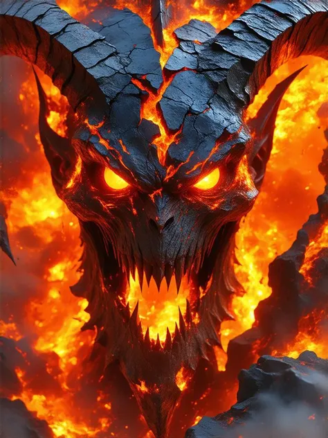 Plasmatic magma demon, closeup of its menacing face, molten lava glowing under a rocky surface, cracks exposing fiery plasma underneath. Its eyes burn with molten energy, sharp horns emerging from its skull, fanged mouth oozing molten rock. Heat waves rising from its skin, sparks and ash surrounding its face, glowing like an unstoppable force of nature, terrifying and otherworldly.
