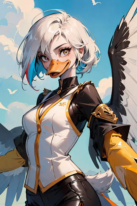 ((master piece, best quality)),sunny, sky, vivid color, <lora:Anthro-Birds-v3.2.2-no_offset:0.8> anthro, bird, winged-arms, wing-hands, wings, beak, bill, female, furry, colorful clothes, flying, colorful body, (duck: 1.1)