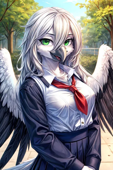 1girl, solo, masterpiece, ultra detailed, <lora:more_details:0.7>, scenery, upper body, school uniform, <lora:Anthro-Birds-v3.2.2-no_offset:1> ,Anthro, Bird, winged-arms, wings, beak, avian, feathers, white hair, hair between eyes, green eyes, long hair, medium breasts