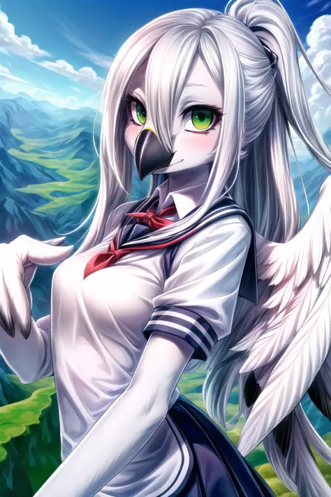 1girl, solo, masterpiece, ultra detailed, <lora:more_details:0.7>, scenery, upper body, Anthro, Bird, avian, winged-arms, wing-hands, wings, beak, school uniform, <lora:Anthro-Birds_v1.3.2:1>, white hair, hair between eyes, green eyes, long hair, medium breasts