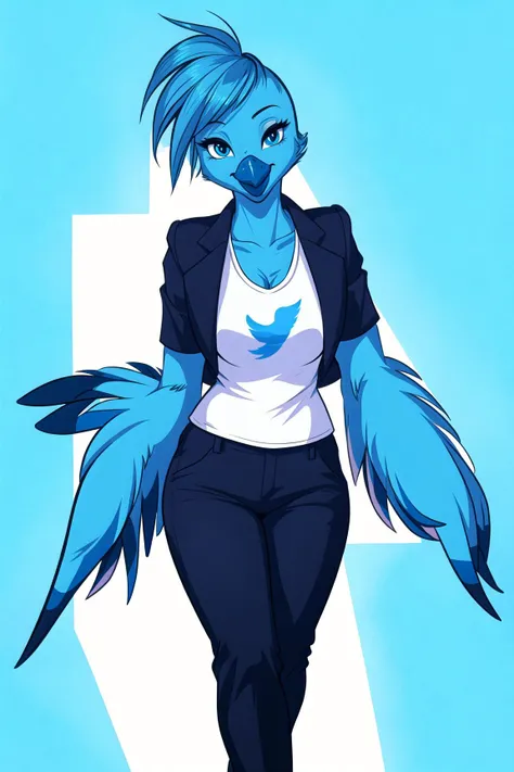 anthro tweetfur, ((winged-arms)), white shirt, blue body, female, full body, portrait, medium breasts, beak, coat, underworld, Full shot, black pants,
