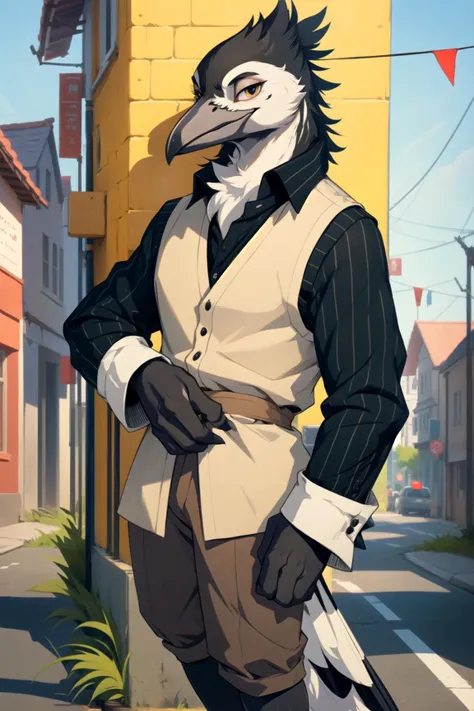 anthro magpie, ((winged-arms)), male, full body, portrait, beak, long sleeve shirt, town, Over-the-shoulder shot,