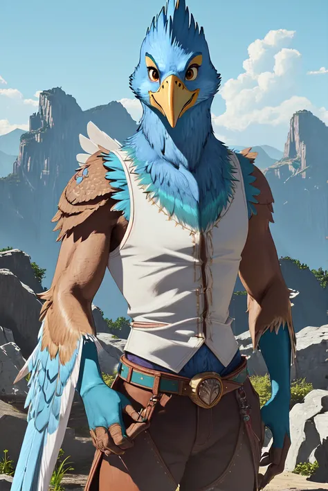 (masterpiece, best quality, ultra-detailed, best shadow), (western style:0.5), analog style, Fibonacci, (detailed background, upper body, cowboy shot, standing, day, ruins, mountain top), (beak), (best illumination), (cinematic light), colorful, hyper detail, dramatic light, intricate details, (male (Rito) named Valse, winged-arms, winged arms, wing-hands, blue feathers, white sleeveless top, anthro, bird, avian), made by mori , <lora:Anthro_Birds-v3:0.6>