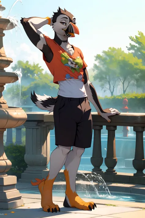 anthro puffin, ((winged-arms)), male, full body, portrait, beak, short sleeve shirt, fountain, Extreme long shot,