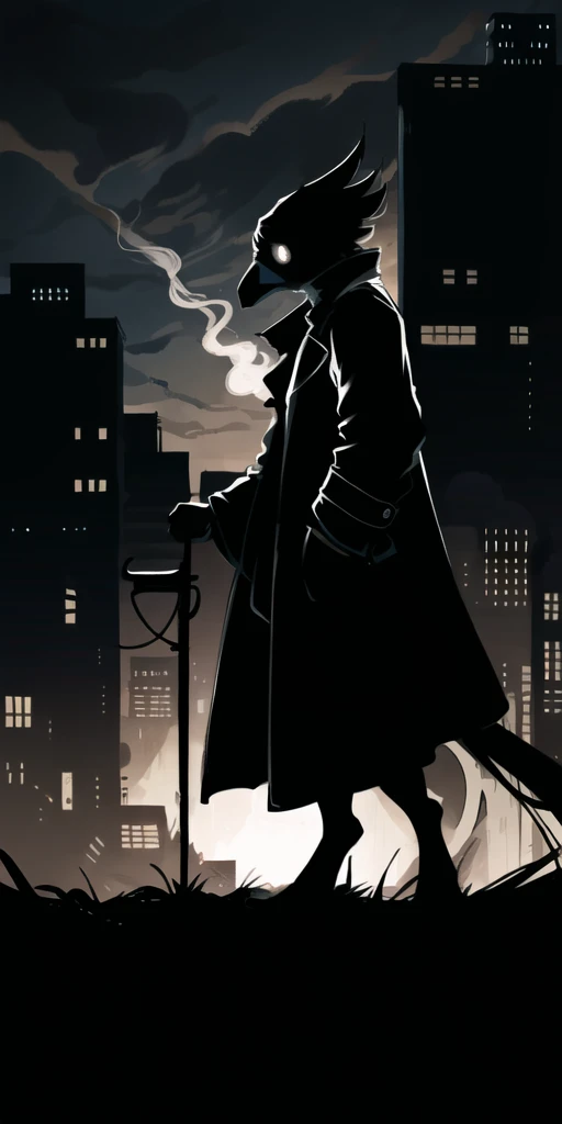 male, anthro avian bird, beak, comic book, outdoor city, detailed ,standing, dramatic, heavy atmosphere, trench coat, smoking, cyberpunk style, vibrant colors, gloomy, backlight, very detailed background