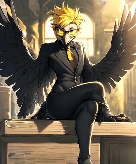 sfw,solo,male,((avian anthro furry:1.3)),(corvid:1.1),(black beak), (smug), avian, realistic bird eyes, black feathers, (black body), Athletic, (lavender gold eyes), wearing suit, ((winged-arms)), yellow tipped feathers, yellow tipped hair, spiked hair, ((wearing round glasses)), volumetric light, (yellow tail feathers), (sitting), (detailed mafia hideout background)