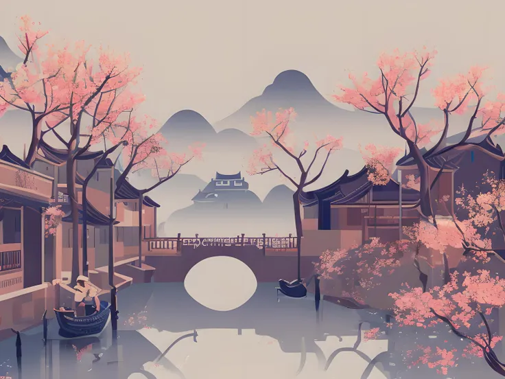 Jiangnan Town, Ponds, Ships, Tourists, Houses, (Peach Blossoms:0.8), Peach Trees,minimalistic,Warm Color Palette, Elegant and fresh style,abstract, mist, vector, flat, unreal engine, by jewel tones, scandi style, vivid colors, spring, 4k