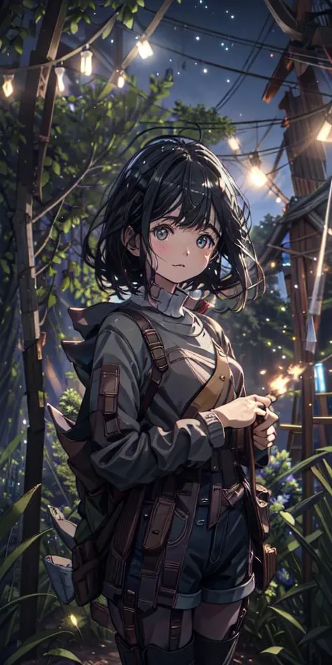 solo, majestic, ((masterpiece:1.2)), ((best quality:1.2)), roasting marshmallows at a single campfire, thin waist, confident, dynamic pose, candid, textured skin, black hair, detailed skin, small breasts, perfect hands, bangs, outside, forest, happy, warm clothes, smores, camping, wearing overall shorts, dark thigh socks, tent, (nighttime:1.1), night, eye contact, tree in background, full moon, shooting star, moon, <lora:chara_Dunno_v1:1>, <lora:xsniji_v5-10:1>