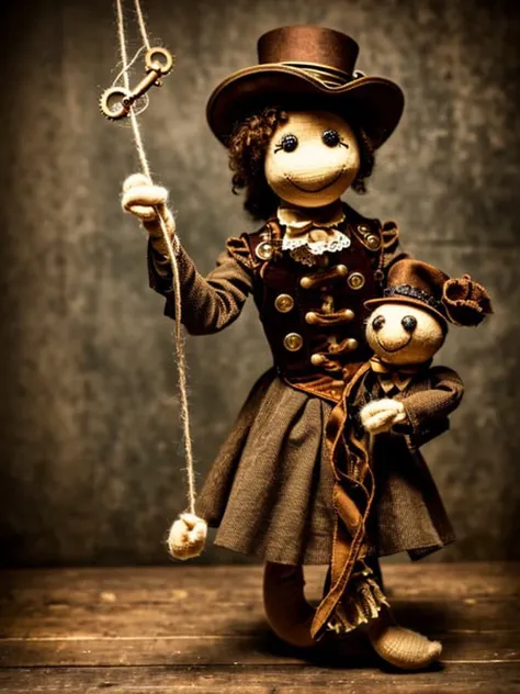 a puppet held by string, alone stage,steampunk, sad vibe, steampunk, ballet,8k,detailed,ambient lighting,vintage,dark fantasy