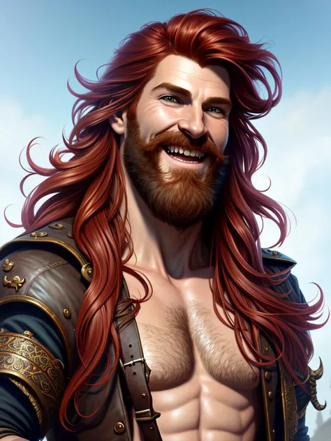 portrait of a young ruggedly handsome but joyful pirate,male,masculine,upper body,red crimson hair,long flowing hair,fantasy,soft grin,intricate,elegant,highly detailed,digital painting,artstation,concept art,matte,sharp focus,illustration,art by artgerm and greg rutkowski and alphonse mucha