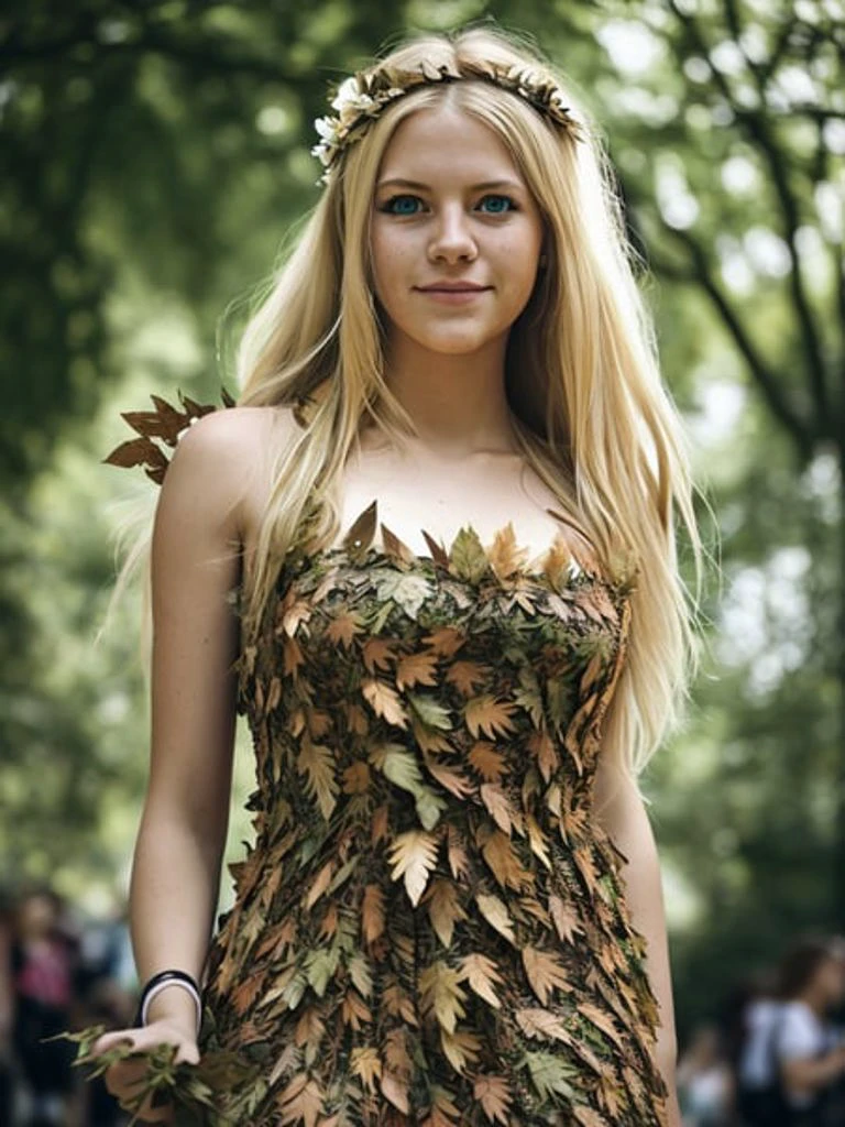 Candid shot of a pretty blonde activist, who is wearing a dress made of leaves, in the midst of a Save Nature rally, full body portrait, natural light, wide angle, hard lighting, fluttering leaves, detailed and textured skin, determined look on her face, flowers in her hair, photo realistic, all in a RAW format shot with an iPhone, ideal for Instagram photography.