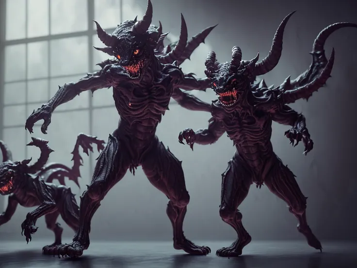 full body pose,hyperrealistic photograph of cute demons,dim volumetric lighting,8 k,octane beautifully detailed render,extremely hyper detailed,intricate,epic composition,cinematic lighting,masterpiece,trending on artstation,very very detailed,stunning,hdr,smooth,sharp focus,high resolution,award,winning photo,dslr,5 0 mm