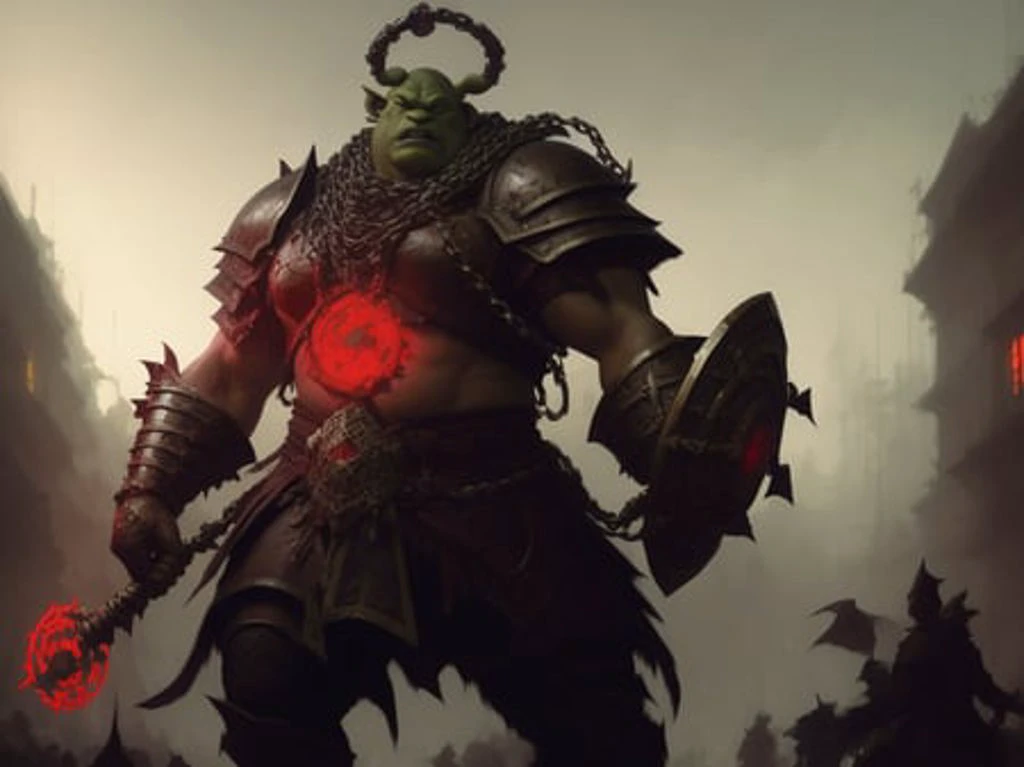 a ogre holding a shield whitch is covered in chains and glowing red , magic the gathering artwork, D&D, fantasy, cinematic lighting, centered, symmetrical, highly detailed, digital painting, artstation, concept art, smooth, sharp focus, illustration, volumetric lighting, epic Composition, 8k, art by Akihiko Yoshida and Greg Rutkowski and Craig Mullins, heroic pose, oil painting, cgsociety, magic lab background