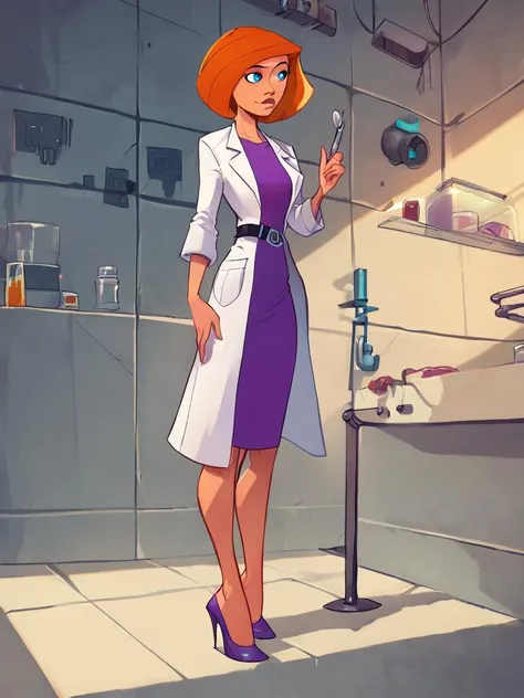 score_7_up, score_8_up, score_9, source_cartoon, full body, standing, high heels, <lora:annpossible-guy-PONYv1:1> annpossible, lab coat, shirt, orange hair, short hair, blue eyes, belt, solo,