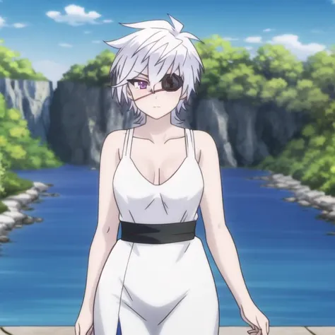 yuragisou-oboro, sun dress, white hair, purple eyes, short hair, eye patch on left eye,collarbone, medium breasts, full body, solo, 1girl, highres, high quality, masterpiece, many details, outdoors <lora:yuragisou-oboro-000007:0.9>