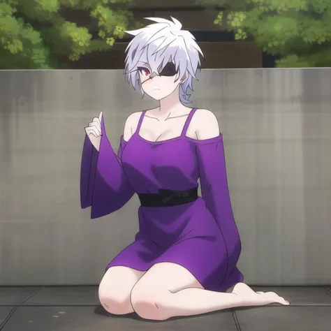 yuragisou-oboro, sun dress, white hair, purple eyes, short hair, eye patch on left eye,collarbone, medium breasts, full body, solo, 1girl, highres, high quality, masterpiece, many details, outdoors <lora:yuragisou-oboro-000007:0.8>