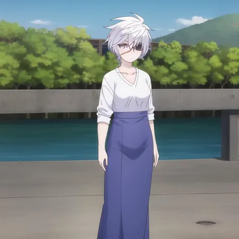 yuragisou-oboro, casual clothes, white hair, purple eyes, short hair, eye patch on left eye,collarbone, medium breasts, full body, solo, 1girl, highres, high quality, masterpiece, many details, outdoors <lora:yuragisou-oboro-000007:0.8>