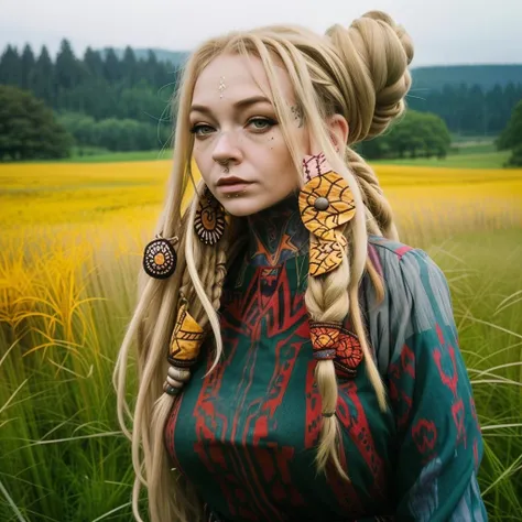 m0rg1n ikat, batik, tight, big breasts, small waist, hair up, (huge blond dreadlocks up in bun) in a meadow <lora:m0rg1n_v2-000006:1>