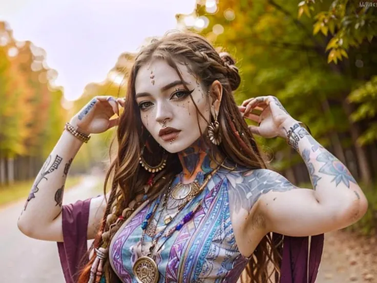 m0rg1n, sleeveless deadhead, rainbow gathering, hippie boho dress outfit, huge dreads in a bun, tattoos, shapely <lora:m0rg1n_v2-000006:1>