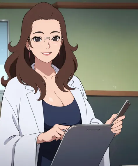 <lora:AkitaInuzukaV1:0.7>,akitainuzuka,long hair, brownhair, black eyes,glasses,earrings,labcoat,cleavage,calm smile,mature woman, milf,school classroom, clipboard, holding documents