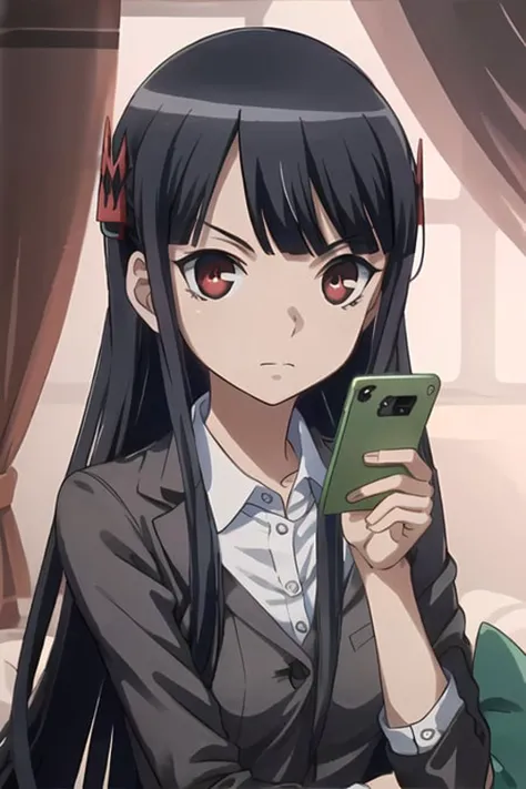 black hair, (red eyes:1),<lora:Ashigara_Aoki:0.7>,masterpiece, best quality, ultra-detailed, beautiful lighting, hand, smartphone, holding phone